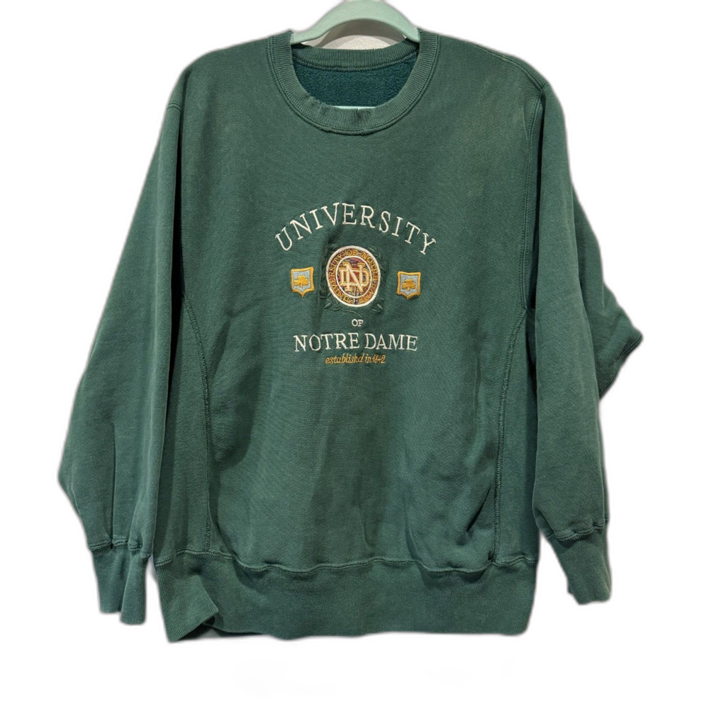 Vintage Notre Dame University Crewneck Sweatshirt Green Distressed ND sz Large